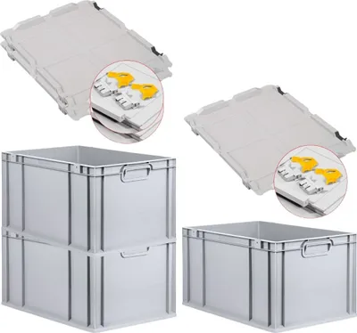 Produktbild von SuperSparSet 3x Eurobox NextGen Economy mit Scharnierdeckel und gelben Schiebeschnappverschlüssen | Griffe geschlossen | HxBxT 32x40x60cm | 65 Liter | Eurobehälter, Transportbox, Transportbehälter, Stapelbehälter