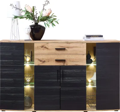 Produktbild von Sideboard BRÜSSEL Schwarz Eiche Altholz mit Softclose, Selbsteinzug und LED-Beleuchtung