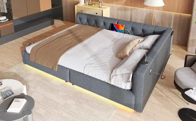 Obrázek produktu pro okwish Rozkládací pohovka 140x200 Denní postel LED osvětlení s dálk.ovl., čelo s knoflíky, USB+Typ-C, len, šedá, bez matrace
