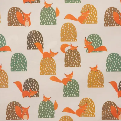 Produktbild von Dekostoff Meterware Baumwolle Eichhörnchen mint braun ocker orange