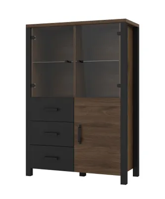 A modern display cabinet with glass doors and wooden accents.