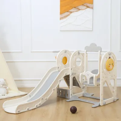 Produktbild von Zjeżdżalnia dla dzieci Baby Vivo / zjeżdżalnia z obręczą do koszykówki - Quacki w kolorze białym / beżowym