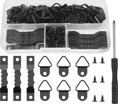 Produktbild von 251 Stück Bilderhaken Schwarz, Bildaufhänger Set mit Schraubendreher und Fachbox, Aufhänger Sets für Bilder mit Schrauben, Bilderrahmen Zackenaufhänger für Haus Büro Wand Befestigung Malerei