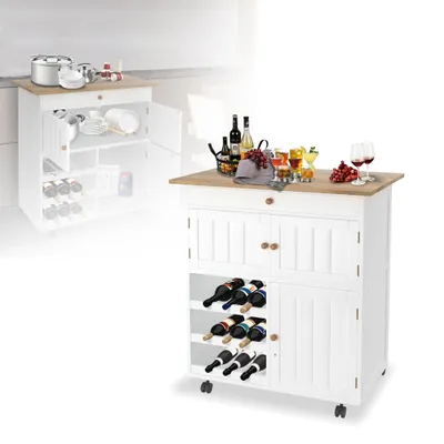 Zdjęcie produktu dla XMTECH Wózek kuchenny Wózek do serwowania Wózek boczny Wózek z szufladą, drzwiczkami, stojakiem na wino i 3 półkami, biały, 85x70x40 cm, typ A