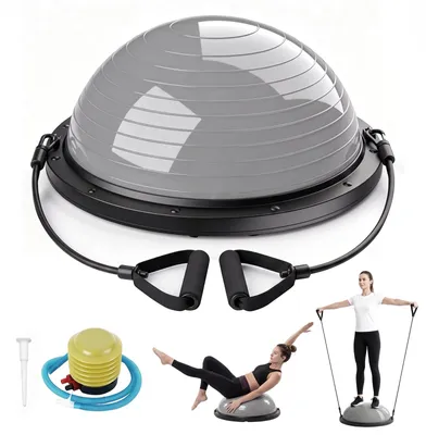 Obrázok produktu pre Polovičná fitlopta, s nosnosťou do 300 kg, priemer 46 cm, s pumpou a 2 fitness gumami, vhodná na jogu