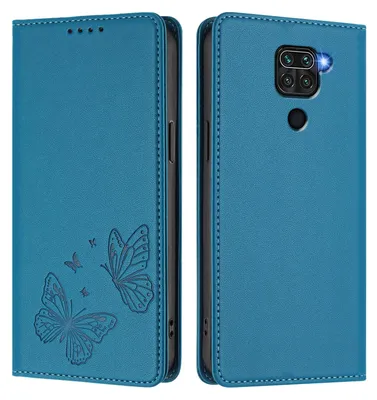 Produktbild von Lederhülle für Xiaomi Redmi Note 9 4G, Schmetterling Prägung Leder Brieftasche Schutzhülle mit Ständer Blau