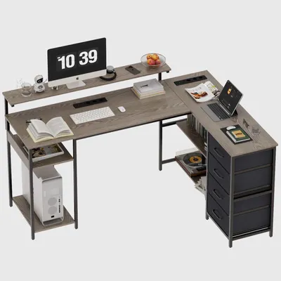 Immagine prodotto di Scrivania angolare AIORBER con supporto per monitor e 4 cassetti; scrivania per computer con prese elettriche; scrivania da ufficio a casa a forma di L, grigia