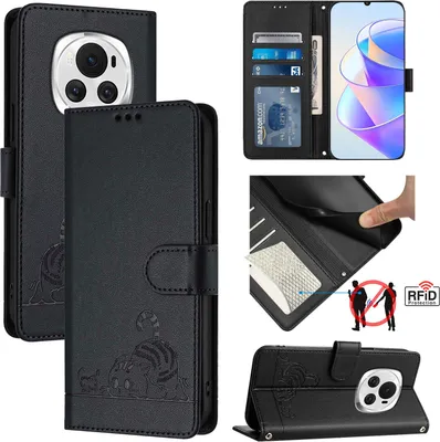 Produktbild von Leder Hülle für Honor Magic6 Süße Katze Flip Case Brieftasche Schutzhülle mit Standfunktion Schwarz