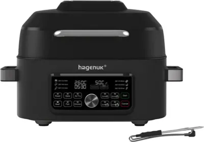Produktbild von Hagenuk Multi Heißluftgrill 6L 1660W Temperaturbereich 120–265°C 6 Programme Einknopfbedienung LED-Anzeige inkl. Frittierkorb Grillplatte & Temperaturfühler 6 Sprachen