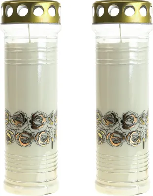 Produktbild von Grabkerzen Weiß mit Rosen-Motiv Trauerkerze Gedenklicht 23,5cm 145h 2er Set, 2 Stück