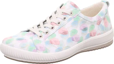 A single white sneaker with a colorful floral pattern is shown against a white background.