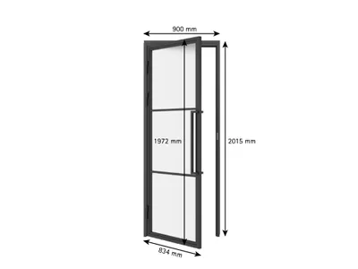 Produktbild von inova Loft-Glastür 834 x 1972 mm, DIN Links, 3 Felder satiniert, Stahlrahmen Schwarz, Komplettset mit Zarge und Griffstange