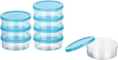 Obrázok produktu pre Malé okrúhle svetlomodré plechovky s objemom 8 x 0,2 l a viečkom na usporiadanie kuchyne