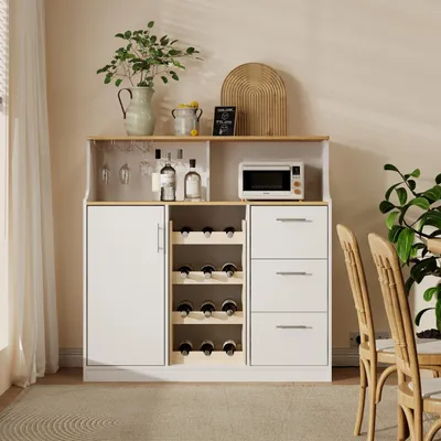 Produktbild von Barschrank 120 × 40 × 121 cm mit LED und Steckdose, 4-stufigem Weinregal, Gläserhalter, 3 Schubladen, Türfach mit 3 verstellbaren Einlegeböden und 2 offenen Regalen, Weiß
