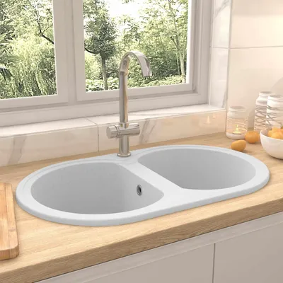 Image de vidaXL Evier de cuisine double bassin ovale blanc granit