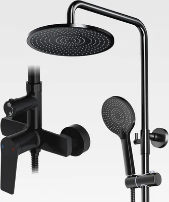 Produktbild von Duschsystem mit Armatur Schwarz, Regendusche mit Armatur aus Messing, 25 cm Regendusche, 3 Strahlarten Duschkopf, Duscharmatur Komplettset, Duschset