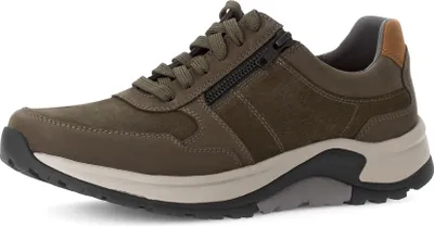 A side view of a green sneaker.