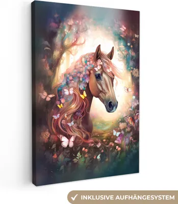 Produktbild von MuchoWow® - Leinwandbilder - Pferd - Natur - Blumen - Schmetterlinge - Wald, Wandbild, Wanddeko Bilder Wohnzimmer, 80x120cm
