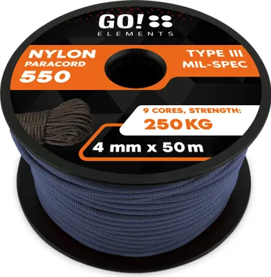 Produktbild von GO!elements 50m Paracord Seil aus reißfester Nylonschnur - 4mm Paracord 550 Typ III Schnur - geeignet als Allzweckseil & Reepschnur - Max. 250kg, Farbe: Grau-Blau