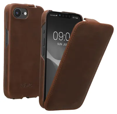 Produktbild von kalibri Flip Hülle Ultra Slim kompatibel mit Apple iPhone 17e / iPhone 16e - Leder Case Schutzhülle Tasche in Braun