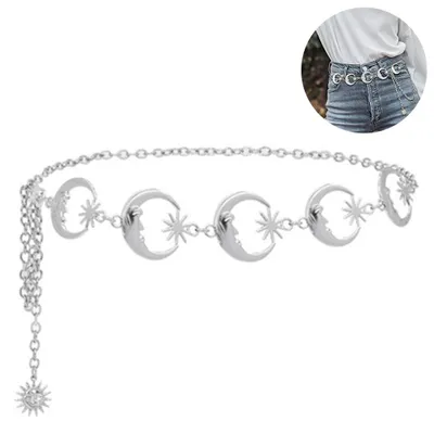 Produktbild von Körperkette Damen Bauchkette Gliedergürtel mit Mondanhänger, verstellbar, allergiefrei, für Festival und Strand, Gold und Silber