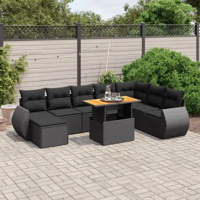 Produktbild von Schwarz 9-tlg. Garten-Sofagarnitur mit Kissen Schwarz Poly Rattan ,Design 2024 Neu