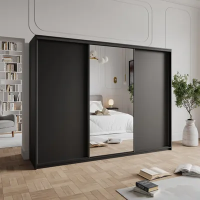 Produktbild von Masseno Schiebetürenschrank TAVI 270/205/60 cm Kleiderschrank mit Schubladen Schlafzimmer Schrank 3-türig mit Spiegel Schwarz + Schwarz