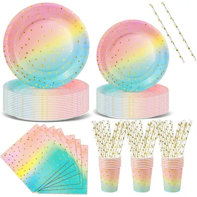 Produktbild von Partygeschirr Set 120 Teile Regenbogen für 24 Gäste Pappteller Becher Servietten Strohhalme