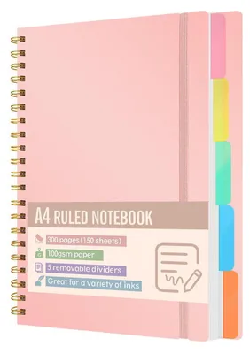 Immagine prodotto di Quaderno A4 a righe con 5 sezioni, 300 pagine, carta da 100 g/m², colore rosa