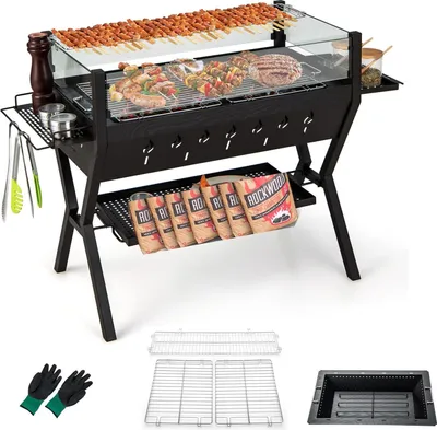 Immagine prodotto di Barbecue a carbonella KOMFOTTEU in acciaio inossidabile, barbecue da campeggio con paravento e portaspezie, barbecue da giardino con guanti e griglia in metallo inclusi