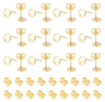 Image de Lot de boucles d'oreilles - Plaqué or 24 carats avec tige en acier chirurgical 316 - pour la création de bijoux artisanale - 40 pièces, plates et rondes, avec fermoirs inclus