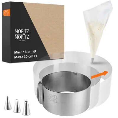 Verstellbarer Tortenring Edelstahl Ø 16–30 cm, 8 cm hoch, mit 10 Spritzbeuteln