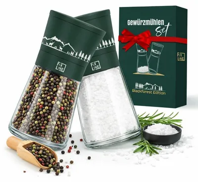 Produktbild von FIXLINE Gewürzmühlen-Set 14 cm – Black Forest Edition – Salz- und Pfeffermühle mit Keramikmahlwerk, Edelstahl/Glas