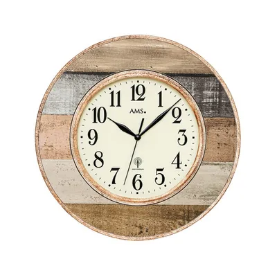 Produktbild von AMS Wanduhr D35x4cm Funkwerk 5975, beige Kunststoffgehäuse mit Landhaus-Holzdekor, Mineralglas