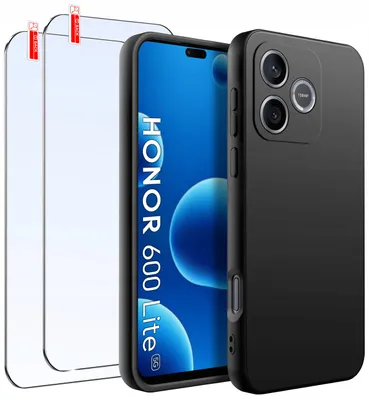 Produktbild von Hülle für Honor 600 Lite, mattschwarz, aus Silikon, Slim-Design, 2 Stück, 9H-Glas