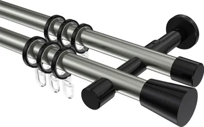 Produktbild von Interdeco Gardinenstange / Vorhangstange Edelstahl-Optik / Schwarz, Typ Prestige Sitra (Konus), 20 mm Ø 2-läufig, 140 cm