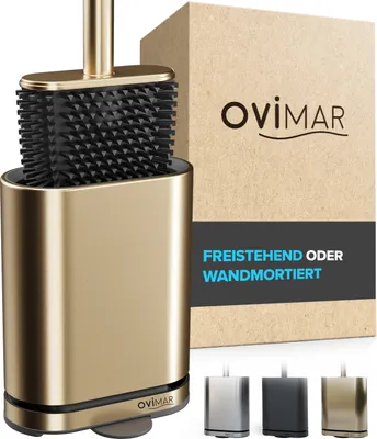 Produktbild von ovimar Toilettenbürste Amager | Gold | Silikon Klobürste | WC Bürste mit Belüftung | Edelstahl | abnehmbare Tropfschale | nur 6cm breit| stehend oder Wandbefestigung im Badezimmer