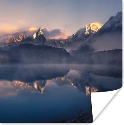 Produktbild von MuchoWow® Poster Landschaft - Wasser - Berg - Schnee - Sonnenuntergang 75x75 cm - Wand Dekoration