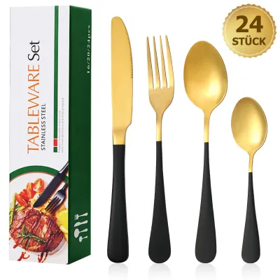Produktbild von 24-teiliges Edelstahl-Besteck Set für 6 Personen | Schwarz/Gold | Modernes Design | Spülmaschinenfest