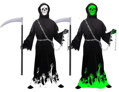 Produktbild von Halloween Kostüm Sensenmann L: 120-130 cm mit Maske, Sense & Kette, Grusel