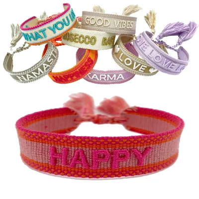 Produktbild von LS-LebenStil Canvas Statement Armband Happy Rot Pink besticktes Stoffarmband gewebt textiles Quasten Spruch Boho Geschenk Freundschaftsarmband