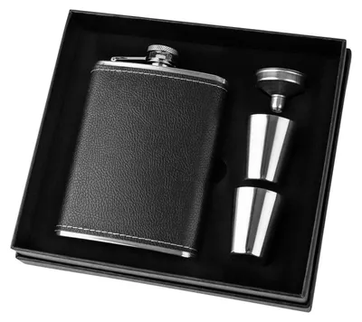 Image de Coffret cadeau en acier inoxydable noir, comprenant une gourde de 240 ml, un entonnoir et 2 gobelets