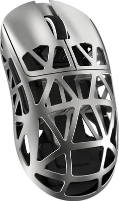 A silver and black gaming mouse with a unique, hollowed-out design.