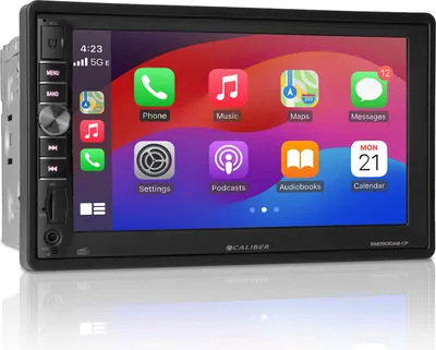 A car stereo with a touchscreen displaying a smartphone interface.