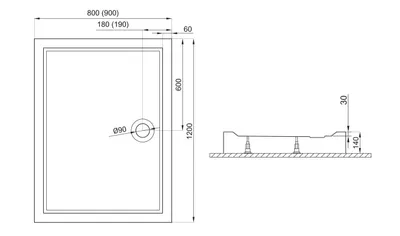 Produktbild von Duschwanne Rechteck 120x90x14 Sanitäracryl Duschtasse Glatt | Ablaufgarnitur ⌀90 mm & Füßen im SET | Anti-Rutsch Duschbecken | BADLAND GOLIAT