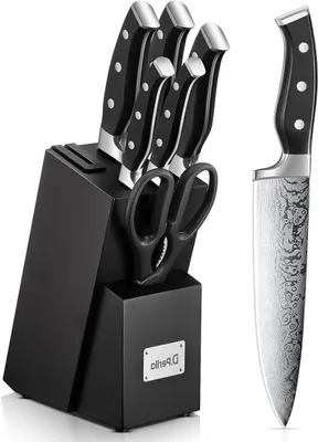 Immagine prodotto di Set di coltelli da cucina - Coltelli con supporto - Per cucinare e tagliare - Supporto autoaffilante - 7 pezzi - Neri