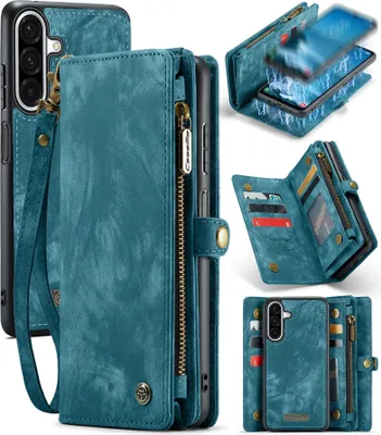 Produktbild von Schutzhülle für Samsung Galaxy A17 5G/4G, Vintage Multifunktions Lederhülle, Kartenfächer, Reißverschluss Hülle Blau