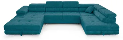Produktbild von Wohnlandschaft Cordo U-Form XXL 345 cm Schlaffunktion 2 Bettkästen Breitcord Türkis Rechts