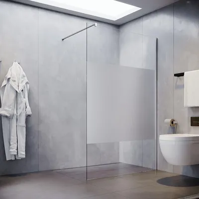 A modern bathroom with a walk-in shower, toilet, and bathrobe.