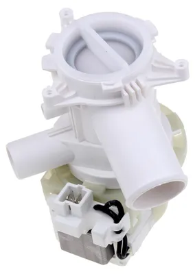 A white washing machine drain pump with electrical connectors and wiring.